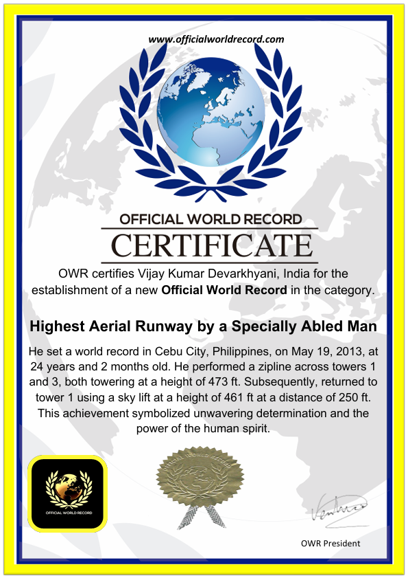 Highest Aerial Runway by a Specially Abled Man